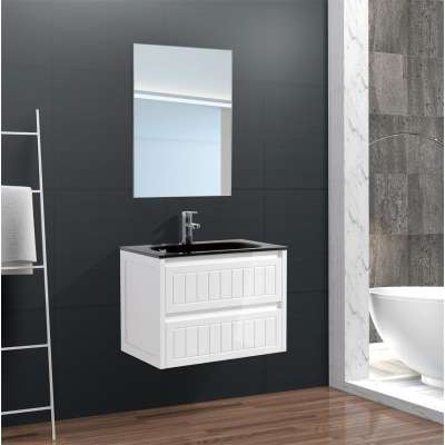 China Factory Modern Style Free Standing Sink White Bathroom Vanity Cabinet with Tempered Black Glass Basin