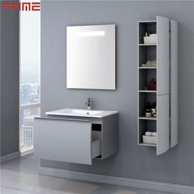 Hangzhou Fame High Gross Grey Wall Hung MDF Bathroom Vanity Cabinet with LED Mirror Side Cabinet