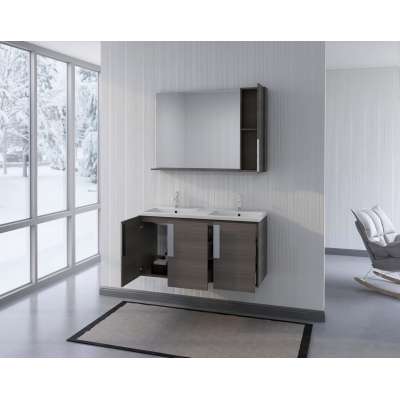 European Style Modern Mirrored Cabinet Floating Bath Top Double Sink Bathroom Vanity Cabinet Sets with Double Resin Basins