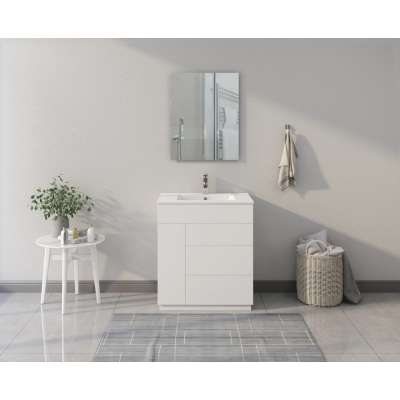 Rigid High Gloss White Bathroom Vanity Unit Basin Sink Storage Cabinet Furniture with 1 Rebounded Door and 3 Drawers